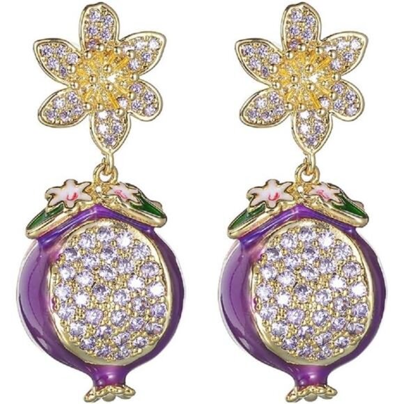 🍇 Elegant Crystal Pomegranate Drop Earrings – Gold Finish, Sparkling🍇 - Picture 2 of 5